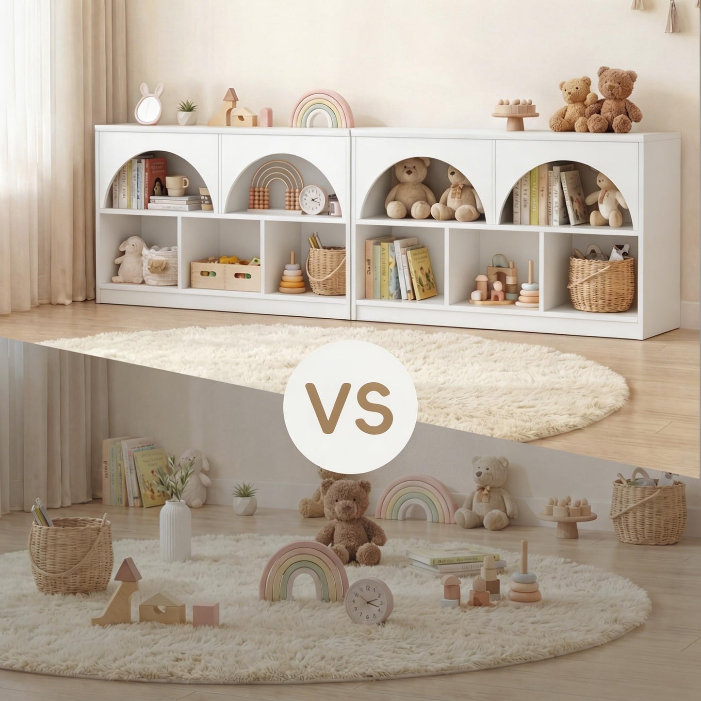 Fatmok 4 Pack Montessori Bookshelf, Modern Arched Wooden Toy Organizer, 5-Section Storage Shelf with Curved Edge, Decorative Furniture for Kids Room Play Area Nursery Kindergarten, White