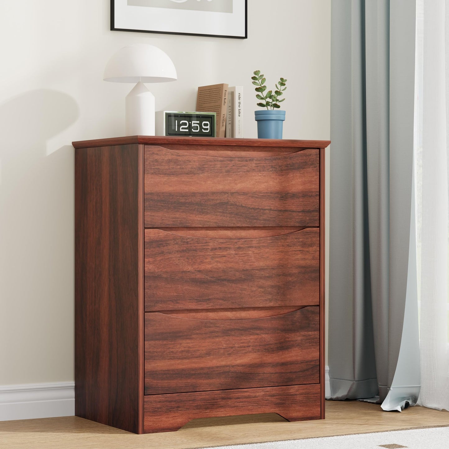 Garvee Wooden Dresser with 3 Drawers, Tall Modern Closet with Deep Storage, Large Chest of Drawers with Wide Top, Long Storage Dresser for Bedroom, Living Room, Hallway, Kids Room, Red Walnut
