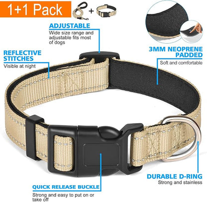 Ladoogo Reflective Dog Collar Padded with Soft Neoprene Breathable Adjustable Nylon Dog Collars for Small Medium Large Dogs (Small (Pack of 1), Vanilla Collar+Leash)