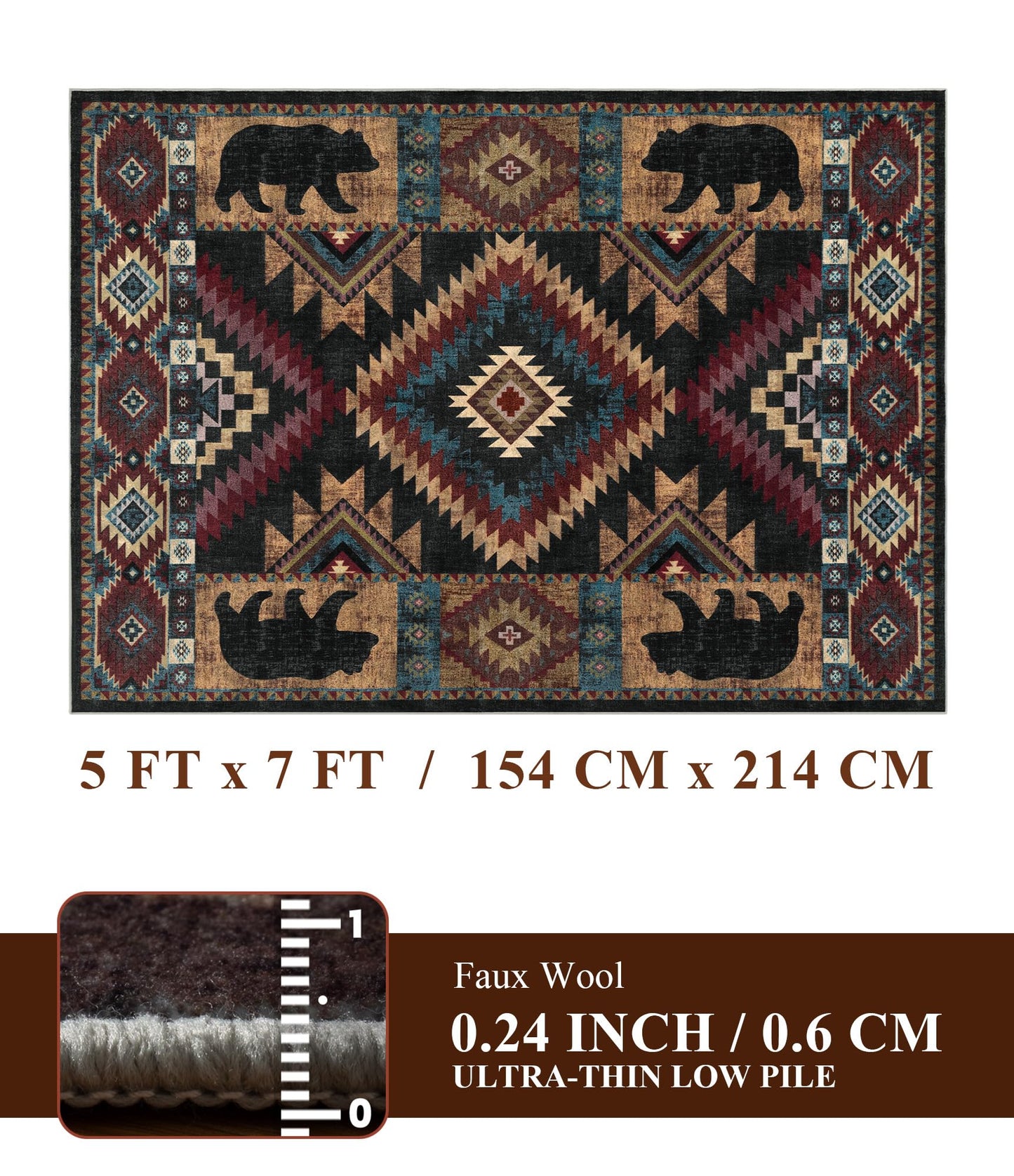 YIHOUSE Rustic Cabin Area Rug for Bedroom 5x7,Machine Washable Lodge Bear Rug,Non-Slip Low Pile Print Pattern Western Rug for Living Room