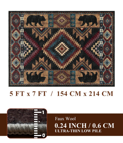 YIHOUSE Rustic Cabin Area Rug for Bedroom 5x7,Machine Washable Lodge Bear Rug,Non-Slip Low Pile Print Pattern Western Rug for Living Room