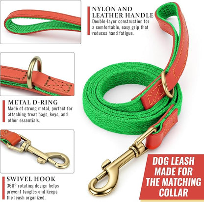 Dog Collar and Leash Set with Metal Quick Release Buckle, Adjustable, Breathable Nylon, Durable, Soft and Comfortable, No Pull for Walking and Training, Fluorescent Green, M (12.5"-19.6")