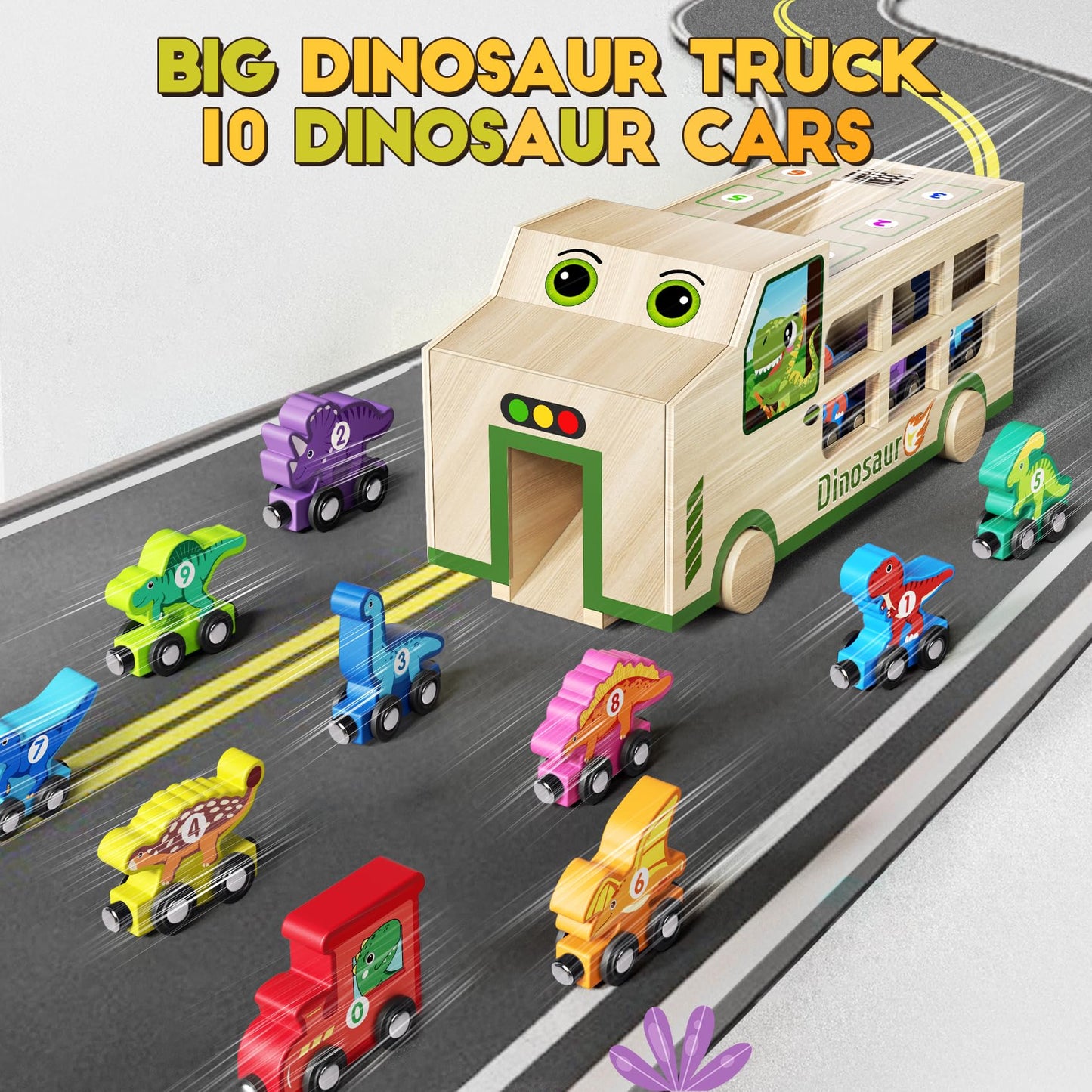 GJZZ Wooden Dinosaur Truck & 10 Magnetic Wooden Dinosaur Train Set