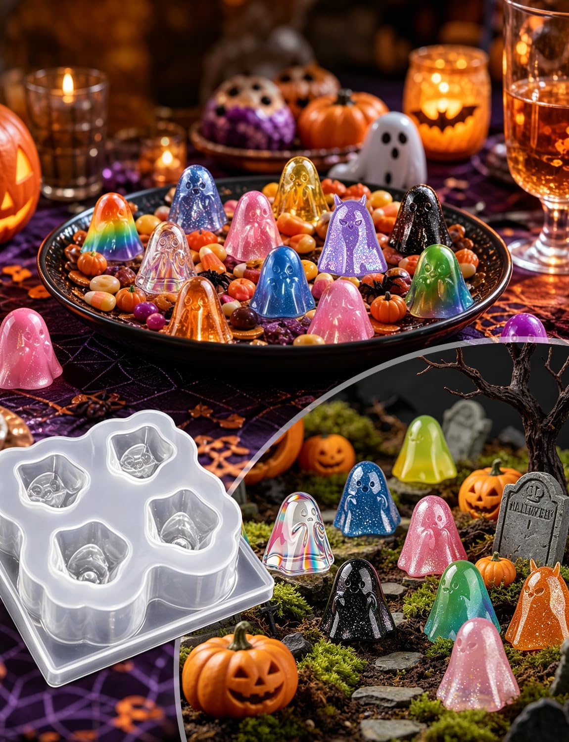 Mini Cute Ghost Figurines Silicone Mold, 4 Pcs Micro Dollhouse Epoxy Casting Mold with Realistic Shapes for DIY Resin Art Fairy Garden Miniatures Landscape Crafts Decor(M)