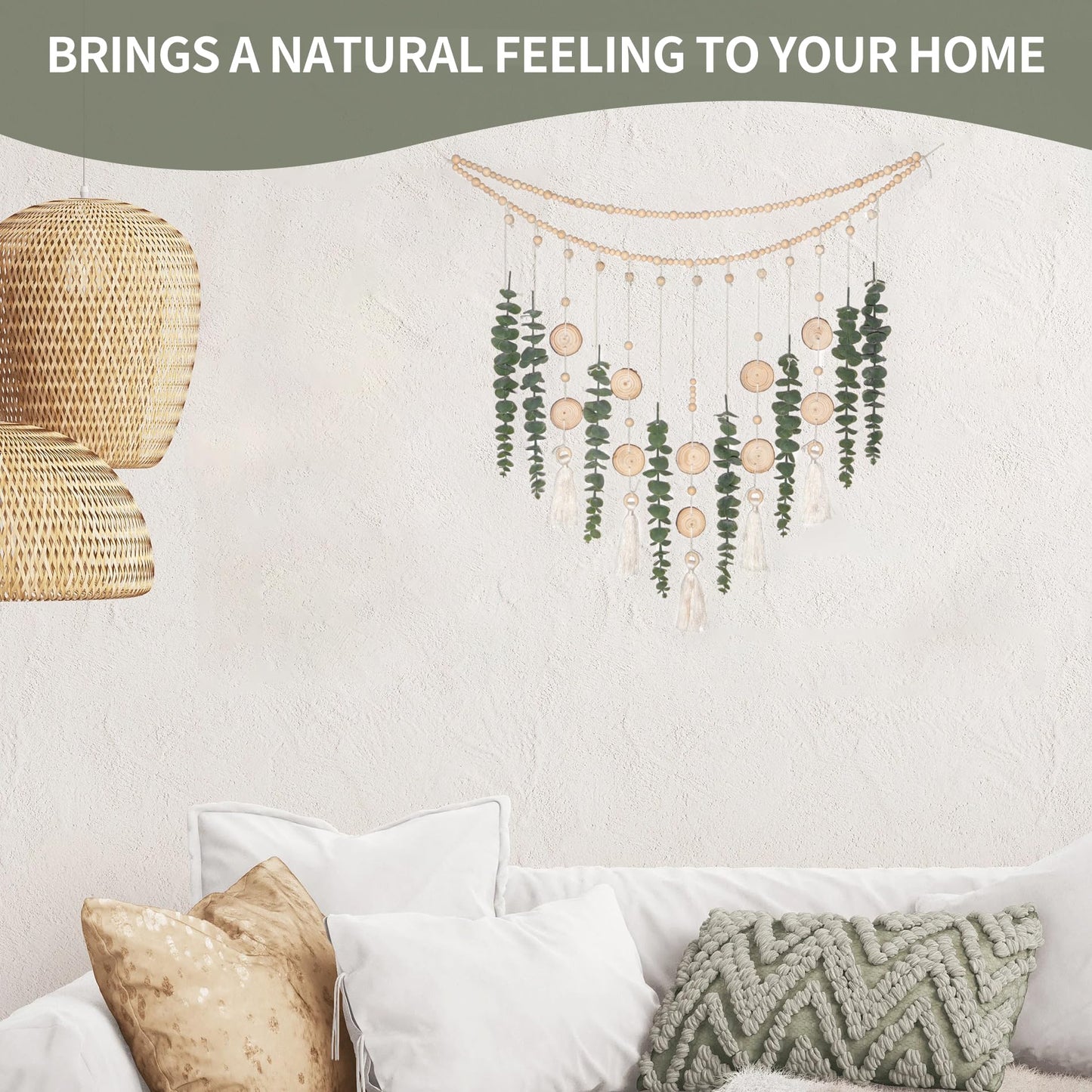 Artificial Hanging Eucalyptus Wall Decor Fake Greenery Leaves Wall Hanging Plants on Long Wooden Beads Garland Wall Art Large Boho Rustic Farmhouse Decor for Bathroom Bedroom Living Room Sage Green