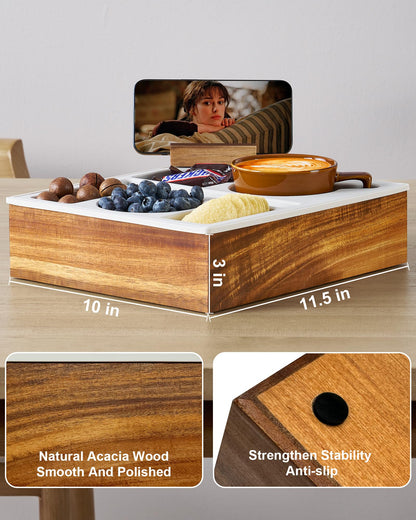 Couch Cup Holder,Hitseon Upgrade Silicone Acacia Wooden Cup Caddy with Cup Holder for Car Back Seat,Couch Console Caddy for Snack Drink Remote Control Grey