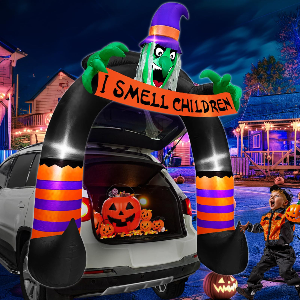 TURNMEON 6FT Halloween Inflatable Trunk or Treat Car Decoration Scary Witch Arch Holds Banner Build-in LED Blow up Car Decor SUV Halloween Outdoor Decorations Party Activities Lawn Yard