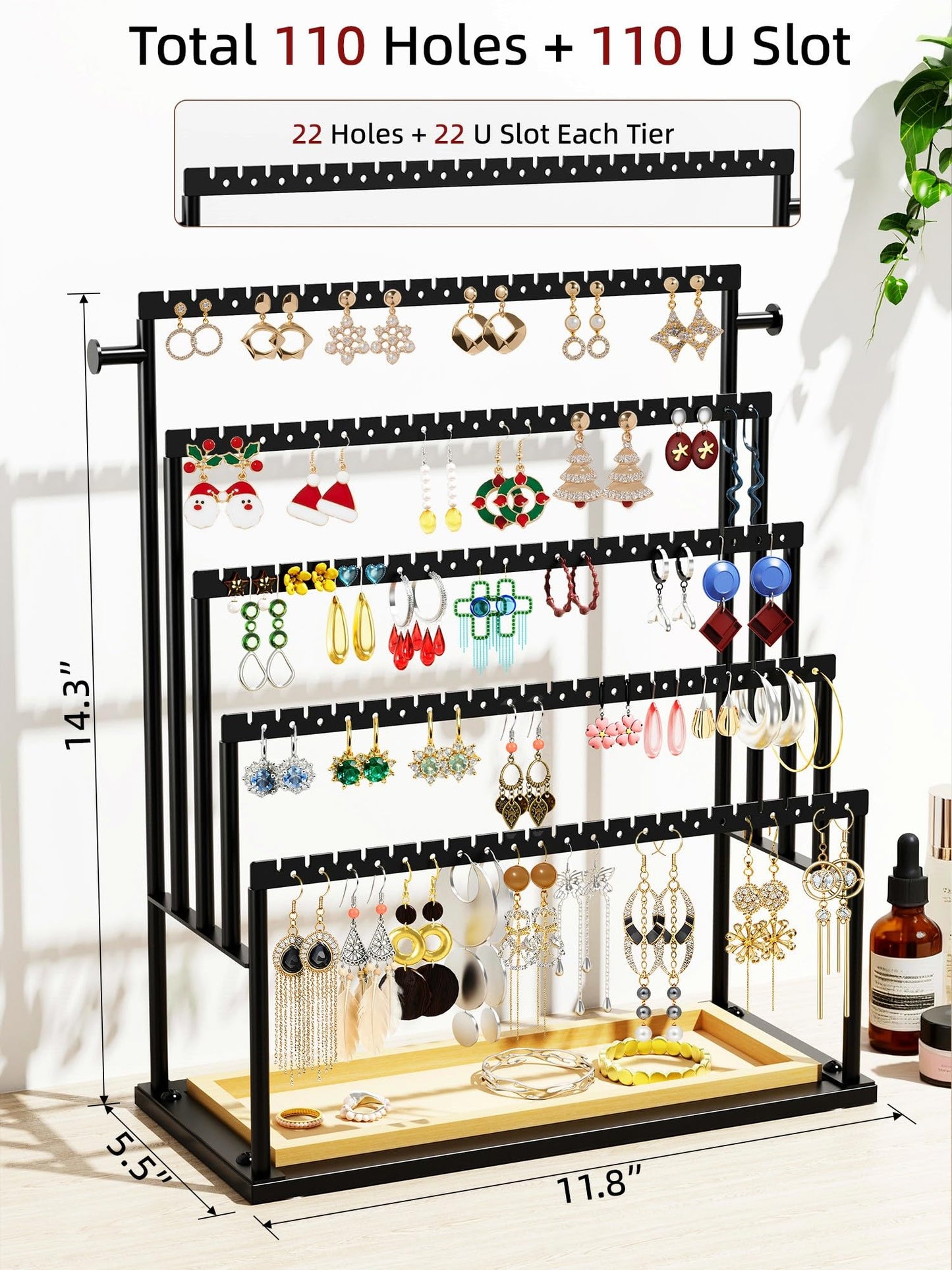 TIPSYTREE Earring Holder Organizer, 5-Tier Jewelry Display Stand with Matte Black Metal Frame and Wooden Tray, Large Earring Holder for Studs, Hoops, Dangles, Modern Jewelry Organizer for Women