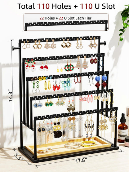 TIPSYTREE Earring Holder Organizer, 5-Tier Jewelry Display Stand with Matte Black Metal Frame and Wooden Tray, Large Earring Holder for Studs, Hoops, Dangles, Modern Jewelry Organizer for Women