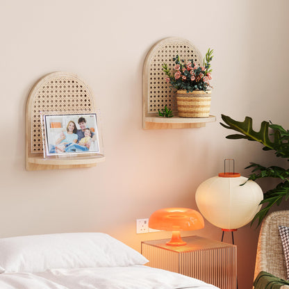 MVPSONAG Rattan Shelf Set of 2, 7''Natural Rattan Shelf with Wicker Decor, Boho Wall Decor Small Floating Shelf for Plant Figurines Display, Mini Shelves for Knick Knack Storage
