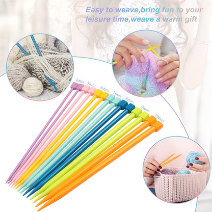 Coopay 14PCS Plastic Knitting Needles for Beginner, 10 inch Long Straight Knitting Needles Single Pointed Needles Colorful Knit Needle Set Knitting Kit DIY Craft Yarn Weaving Tool,4mm to 10mm