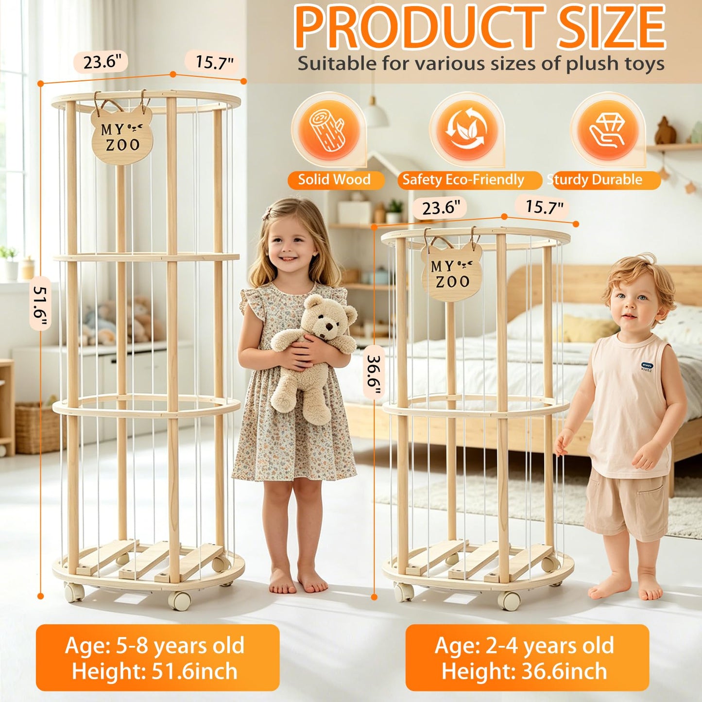 Singda Stuffed Animal Storage, Wooden Zoo Stuffed Animal Holder with Wheels & Elastic Bands, Space Save Toy Storage Organizer with Extra-Thick Base for Kids' Room, Playroom, Nursery - 37"