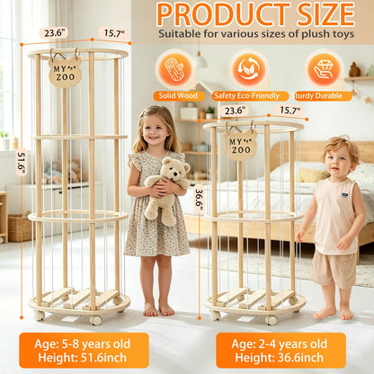 Singda Stuffed Animal Storage, Wooden Zoo Stuffed Animal Holder with Wheels & Elastic Bands, Space Save Toy Storage Organizer with Extra-Thick Base for Kids' Room, Playroom, Nursery - 37"