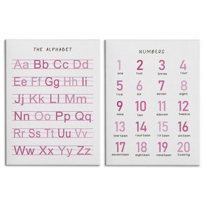 HRQKO Alphabet Numbers Nursery Canvas Wall Art Set of 2, Pink Kids Room Decor Framed Art, ABC Numbers Educational Posters Wall Decor for Classroom Toddler Kids Nursery Bedroom Playroom, 11x14 inch
