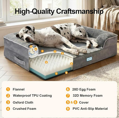 OhGeni Orthopedic Dog Bed Couch Big Cat Sofa for Jumbo Sized Pets with Memory Foam, Machine-Washable Waterproof Removable Cover, Soft Comfortable Fabric, 52-inch (Gray)