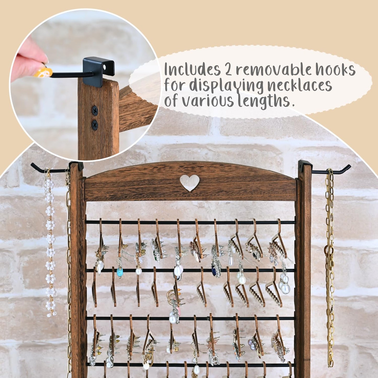 Ikee Design Wooden 120 pairs Earrings Display Stand, Jewelry Necklace Display Rack, Jewelry Organizer with 60 Mini Hangers and 2 Removable Hooks, Brown Color, 12.2W x 4.7D x 16.3H in