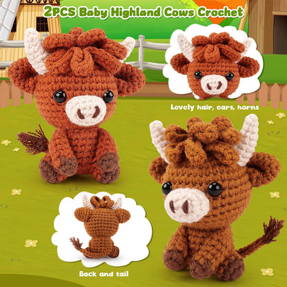 Highland Cow Crochet Kit for Beginners - 2PCS Animals Crochet Kit with Step-by-Step Video Tutorials, Highland Cows Crocheting Kit, Crochet Starter Kit for Adults, Animal Knitting Kit for Birthday