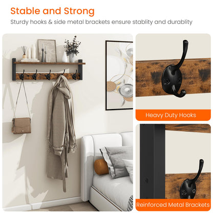 Homode Coat Rack with Wall Mount, 24 Inch Long Entryway Wall Shelf with Hooks, Wood Hanger with Storage Shelf for Bathroom, Hallway, Rustic Brown Black
