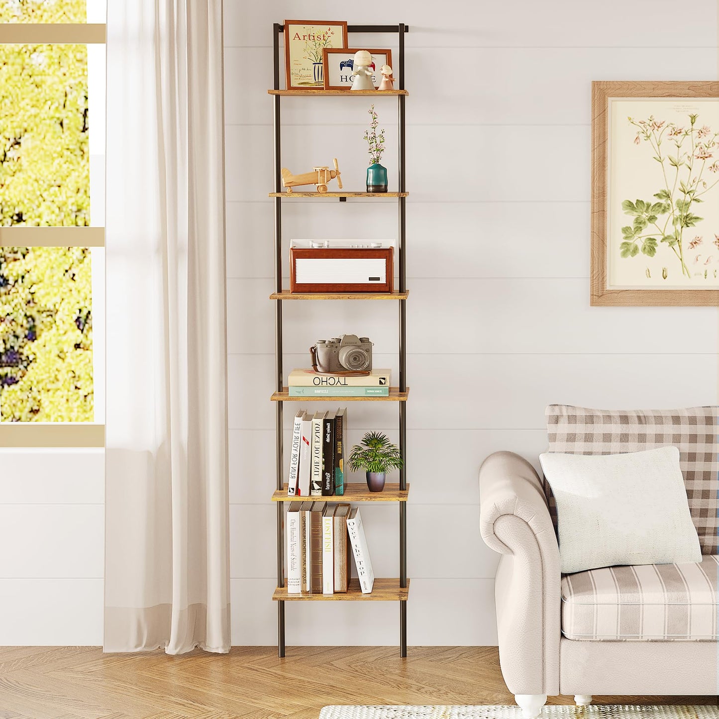 POBOMULI 6-Tier Ladder Shelf, 77 Inches Wall Mounted Ladder Bookshelf with Metal Frame, Wood Tall Open Storage Rack and Display Shelves for Home Office Bedroom Living Room, Rustic Brown