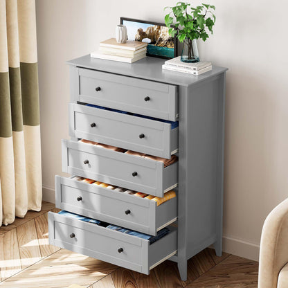 Garvee 5 Drawer Dresser for Bedroom, Modern Tall Chest of Drawers with Metal Knobs, Wooden Clothes Storage Organizer for Closet, Nursery, Living Room, Apartment, Grey