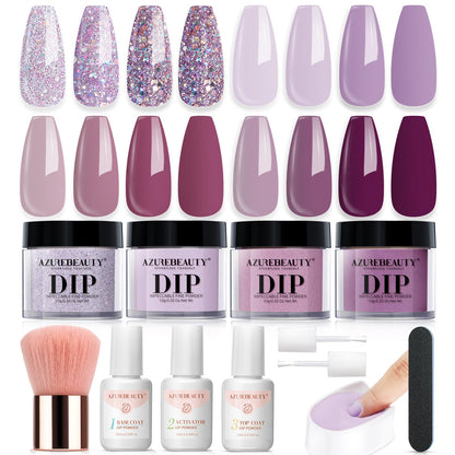 AZUREBEAUTY Dip Powder Nail Kit Starter, All Season Skin Tone Nude Brown 4 Colors Acrylic Dip Powder Liquid Set with Base/Top Coat Activator for French Nail Art Manicure DIY Salon Gifts