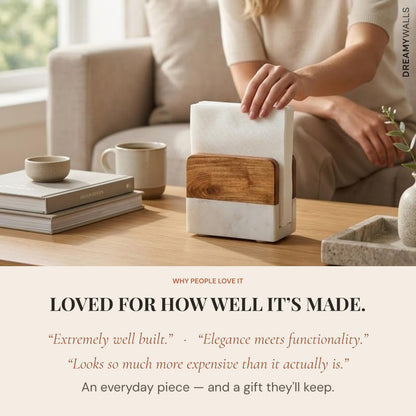 Dreamy Walls 5.5” Marble Napkin Holder for Dining Table & Kitchen Counter | Modern, Upright, Acacia Wood & Marble Napkin Dispenser & Stand | Cocktail, Party, Countertop Use | Handmade in India