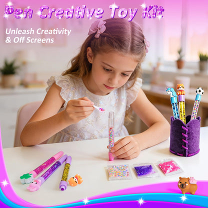 MOMUSE DIY Pen Making Kit, Fun Pen Creator Studio – Make 6 Sparkly Glitter Pens & Stitch Your Own Pen Holder, Creative Craft Toy Sewing Kits for Kids Girls Tweens 6 7 8 9 10 11 12 Birthday Gift