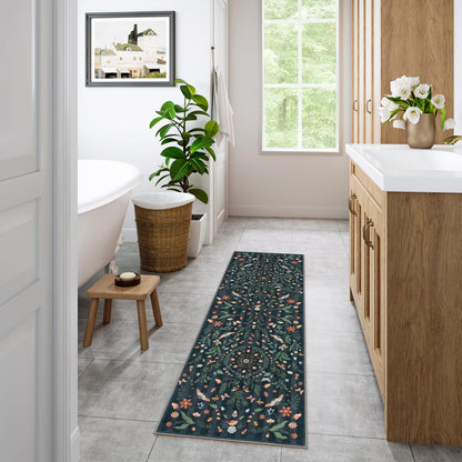 Lahome Washable Insect Botanical 2x6 Runner Rug for Entryway - Machine Washable Non-Slip Hallway Runner Rug, Black Boho Low Profile Soft Faux Wool Carpets for Bedroom, Hallway, Laundry, Kitchen