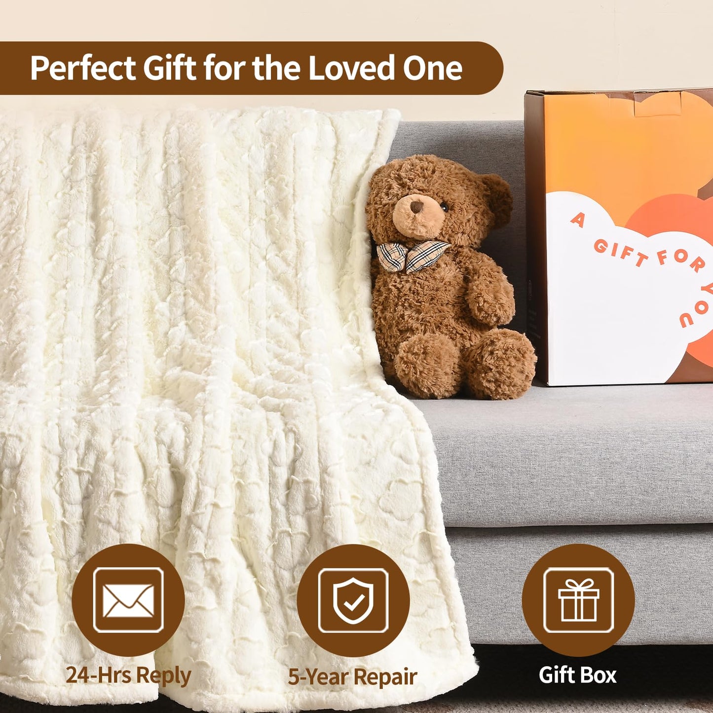 Bearhug Electric Blanket King Size 100" x 90", Dual Controller Heated Blanket, White Flower Patterns Faux Fur & Warm Sherpa, 10-Heat Levels & 1-12H Auto Off,ETL, Machine Washable