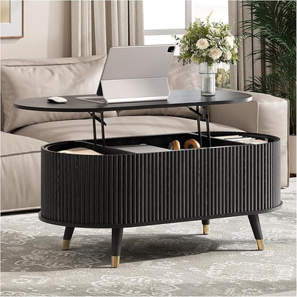 Oval Lift Top Coffee Table with Storage, 42.5” Fluted Coffee Table with Lifting Top & Solid Wood Legs, Mid Century Modern Center Table for Living Room, Home Office, Black