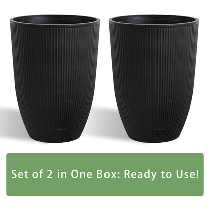Casaphoria 2-Pack 23" Tall Planters for Outdoor Plants, 17" Large Plastic Flower Pots with Drainage, Lightweight Antique Shape Planters for Front Porch, Patio, Deck (Black)