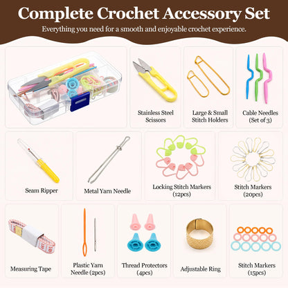 Dunkive 22-Piece Crochet Hooks Set with Case and Complete Knitting Accessories Kit, Aluminum Ergonomic Crochet Hooks, Stitch Holders, Needles & Stitch Markers for Beginners and Arthritic Hands