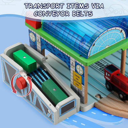 SainSmart Jr. Wooden Train Track Accessories - Premium Train Station with Double-Track Tracks and Conveyor Belt Fit for All Major Brands, Ideal Gift for Aged 3+