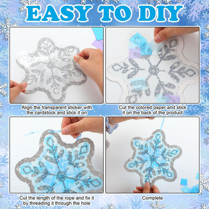 DoubleFill 60 Sets Snowflakes Suncatchers Kit Bulk Winter Snowflakes Tissue Paper Make Your Own Snowflake Stained Glass Ornament for Window Xmas Decoration