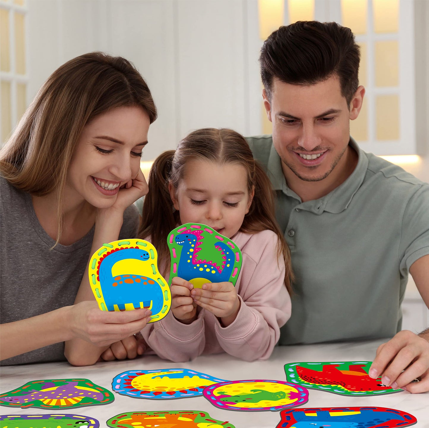 SpriteGru 9 Pieces Kids Lacing Cards, Double Sided Sewing Cards in 9 Dinosaurs with 9 Colorful Laces, Imagination Development Lacing Toys Games for Children Educational and Learning Activity