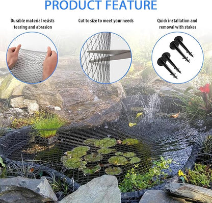 Koi Pond Netting Kit 28 x 30 FT, 3/8" Heavy Duty Woven Mesh Pond Net Cover for Leaves with 12 Stakes, HDPE Pool Netting Protecting Fish from Herons Birds Cats, Black