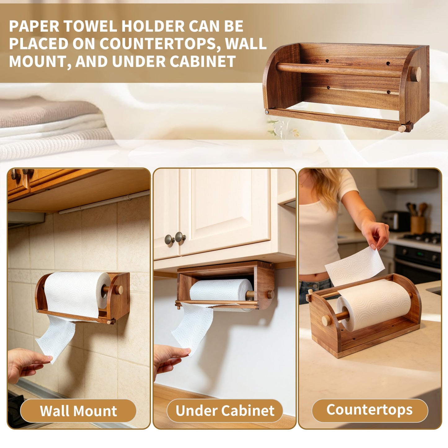 Extra Large Wooden Hanging Paper Towel Holder Wall Mount, Handmade Acacia Wood Farmhouse Paper Towel Holder, One Hand Tear Design, Wall Mount Countertop Under Cabinet Paper Towel Rack for Kitchen