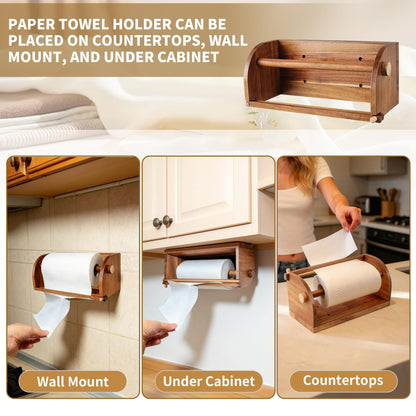 Extra Large Wooden Hanging Paper Towel Holder Wall Mount, Handmade Acacia Wood Farmhouse Paper Towel Holder, One Hand Tear Design, Wall Mount Countertop Under Cabinet Paper Towel Rack for Kitchen