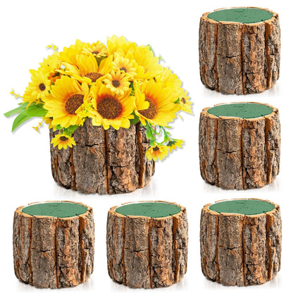 6 Set 4.72in Wooden Vases for Centerpieces, Wedding Flower Table Wood Vase Rustic Tree Stump Planter Pots with Foam Blocks for Woodland Party Home Farmhouse Table Decor (6 Set with Flower Foam)