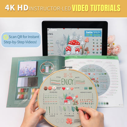 ETSPIL Embroidery Kit for Beginners, Easy Step-by-Step 4K Video Tutorials for Adults to Master 33 Core Stitches, Bound Guide & Magnetic Minder, Relaxing DIY Craft Hobby Gift for Women
