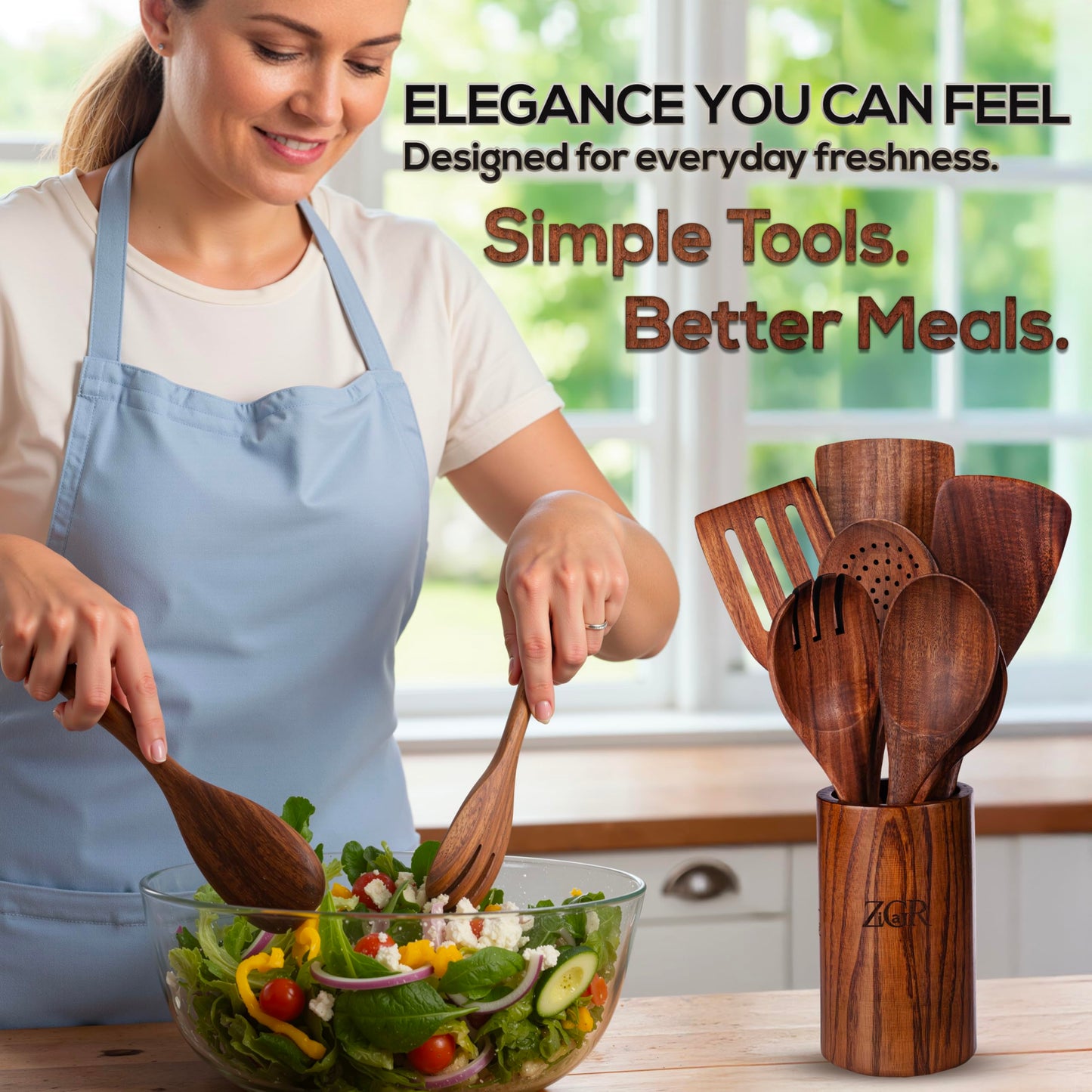 Wooden Spoons for Cooking - 9 Pieces Natural Teak Wood Kitchen Utensils Set with Utensil Holder & Spoon Rest - Durable Heat Resistant, Safe, Smooth Curved Grip - Non-Scratch & Non-Stick Spatula