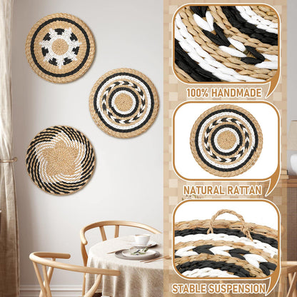 Glenmal 3 Pcs Boho Wall Basket Decor Decorative Bulrush Woven Basket Wall Decor Art Farmhouse Handmade Hanging Baskets with African Design for Living Room Display Table Settings Kitchen Home(Vivid)
