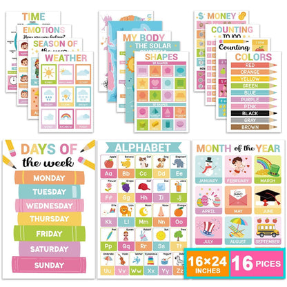 16 Pcs 16”x24” Large Educational Posters for Classroom Decor-Educational Posters for Toddlers 1-3 Learning Poster for Boy Girl Ages 3-5,Kindergarten Preschool Classroom Teacher Must Haves Chart Pastel