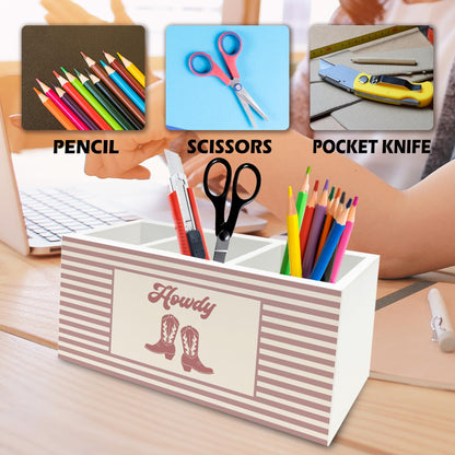 QZQE Pink Western Cowgirl Pen Pencil Holder Organizer for Desk, Pink Striped Howdy Western Boots Wooden Box Signs Decorations for Girls Room Bedroom Desk Tabletop, Cowgirl Gifts for Women