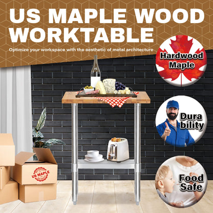 DuraSteel US Maple Top Work Table - 30 x 12 x 35 Inch Commercial Butcher Block Wooden Workbench with Adjustable Lower Shelf - Fits Restaurant, Warehouse, Home, Kitchen, Garage