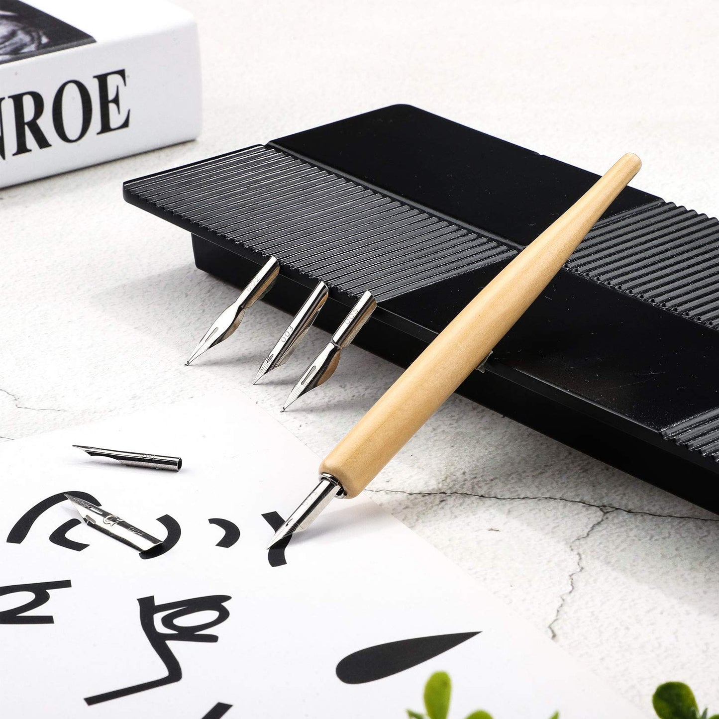 11 Pieces Comic Pen Nib Set, G Ink Pen Nib Stainless Steel Drawing Calligraphy with Wooden Holder for Writing, Painting, Signing(White)