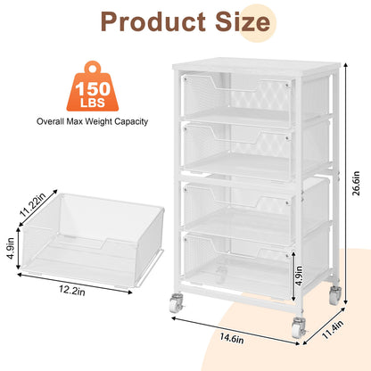 4-Drawer Rolling Storage Cart, Utility Cart with Drawers, White Metal Craft Cart Organizer with Wheels & Wooden Top, Art Supply Storage Organizer for Classroom, Office, Kitchen,Patent Pending