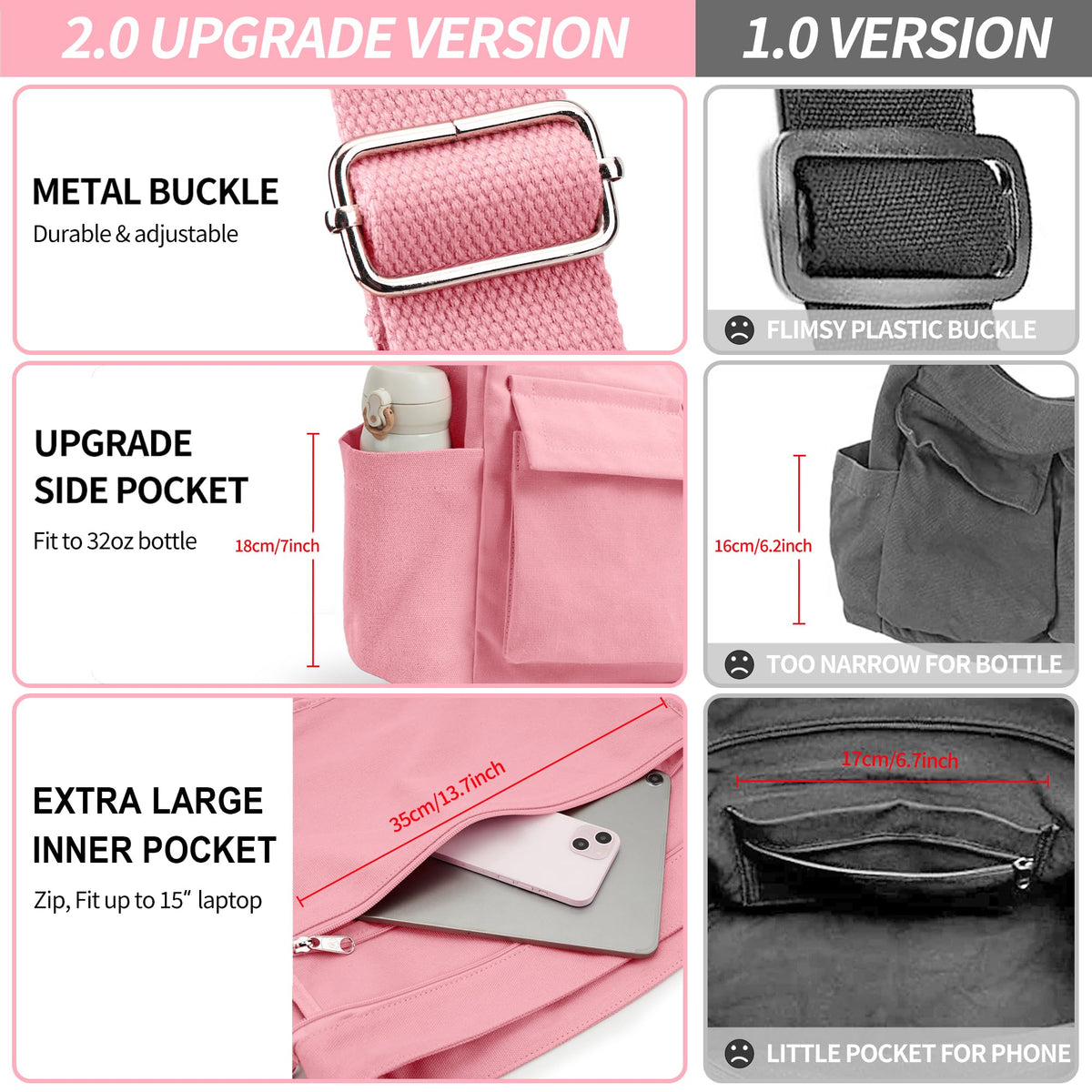 Canvas Messenger Bag for Women Men, Large Crossbody Bag for College Work Travel Daily, Pink