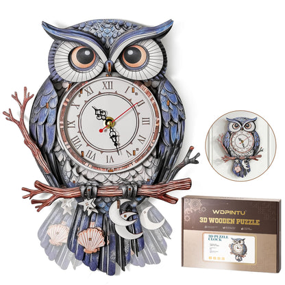 WDPINTU 3D Wooden Puzzle Clock - Owl with Moon & Stars Design, DIY Mechanical Pendulum Wall Clock, Unique Night Theme Decor Gift for Adults & Teens