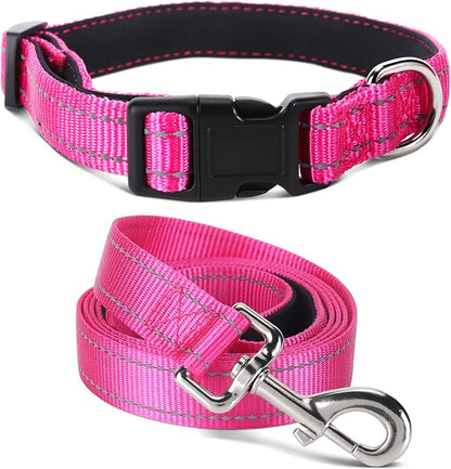 Soft Neoprene Padded Dog Collar and Leash Set for Small Medium Large Dogs, Reflective Durable Nylon Dog Collar with 5ft Leash Easy for Walking, Hot Pink,Neck fit 10.5-15.5’’